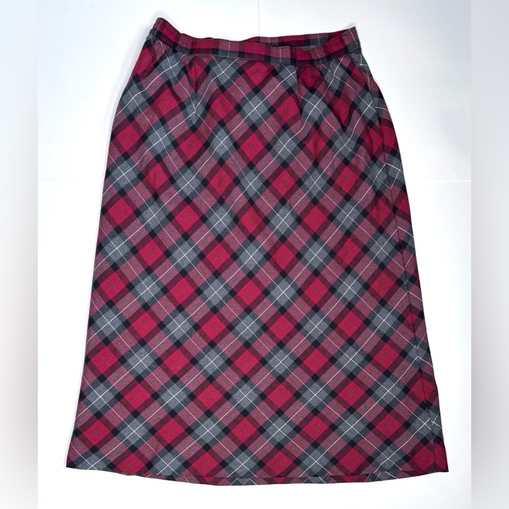 Vintage Plaid Midi Skirt XS S Red Black Gray Academia Secretary Geek Classic